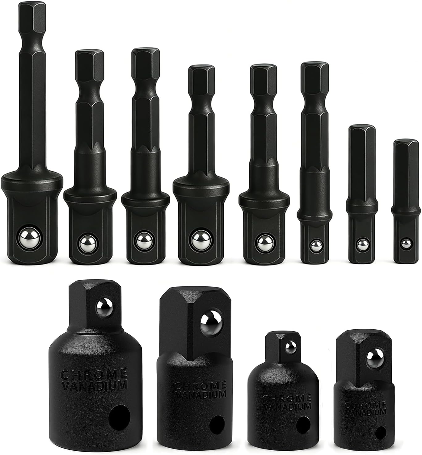 EVANCE Impact Socket Adapter Set,Extension Socket Adapter Set,Extension Set Turns Power Drill Into High Speed Nut Driver 1/4 inch, 3/8 inch, 1/2 inch Drive. 2 Adapters and 2 Reducers (Black(8+4))