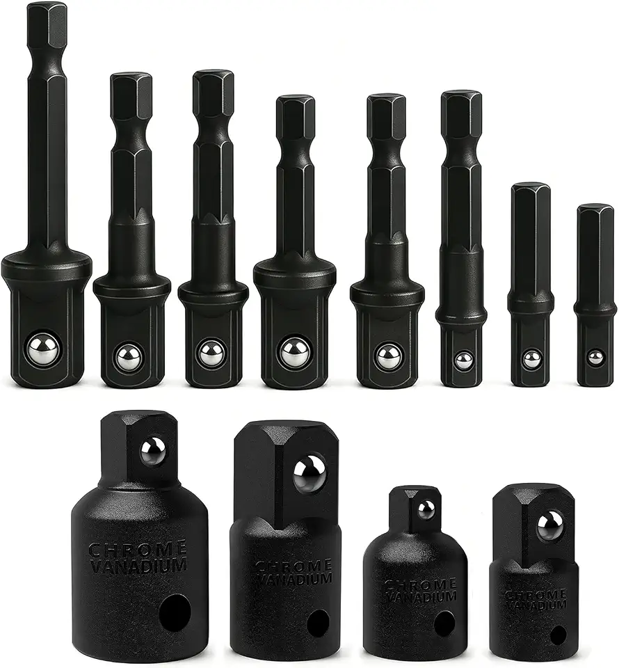 EVANCE Impact Socket Adapter Set,Extension Socket Adapter Set,Extension Set Turns Power Drill Into High Speed Nut Driver 1/4 inch, 3/8 inch, 1/2 inch Drive. 2 Adapters and 2 Reducers (Black(8+4))