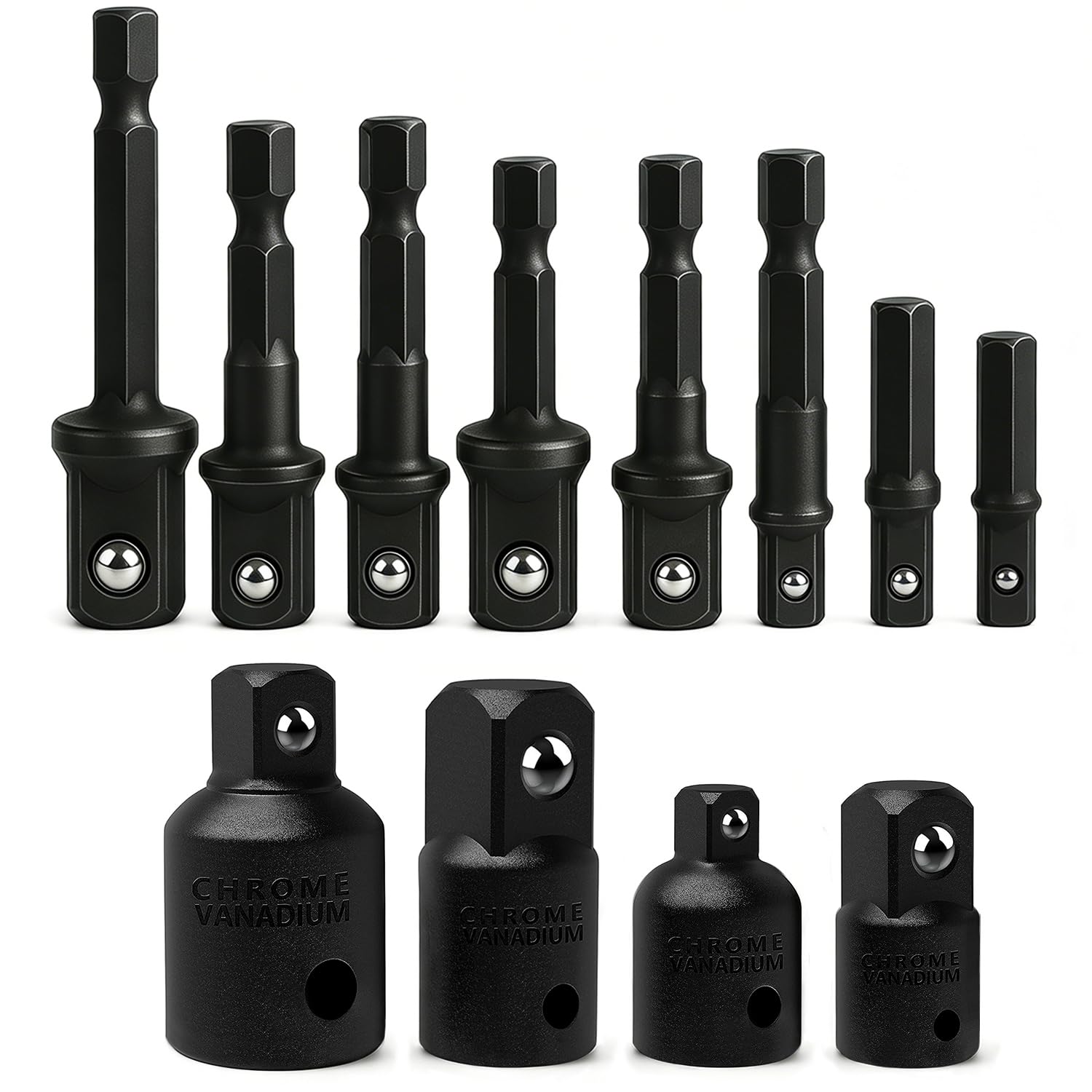 EVANCE Impact Socket Adapter Set,Extension Socket Adapter Set,Extension Set Turns Power Drill Into High Speed Nut Driver 1/4 inch, 3/8 inch, 1/2 inch Drive. 2 Adapters and 2 Reducers (Black(8+4))