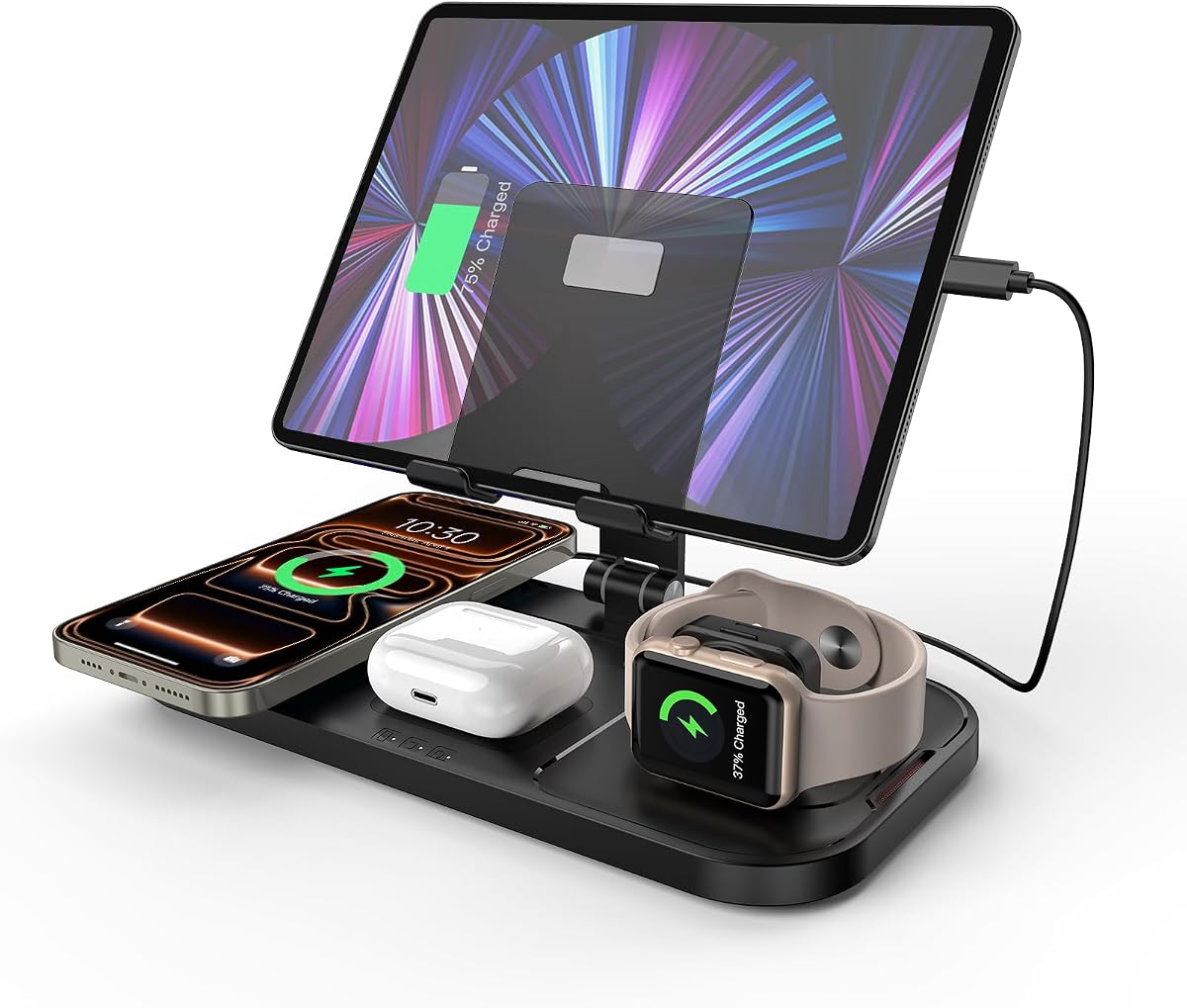 Cargador inalámbrico 4 en 1 para estación de carga Apple para iPhone 17 Pro Max/16/15 Series, AirPods Pro 2, soporte para iPad, cargador de reloj para iWatch Series 10/9/8, estación de carga inalámbrica para múltiples dispositivos