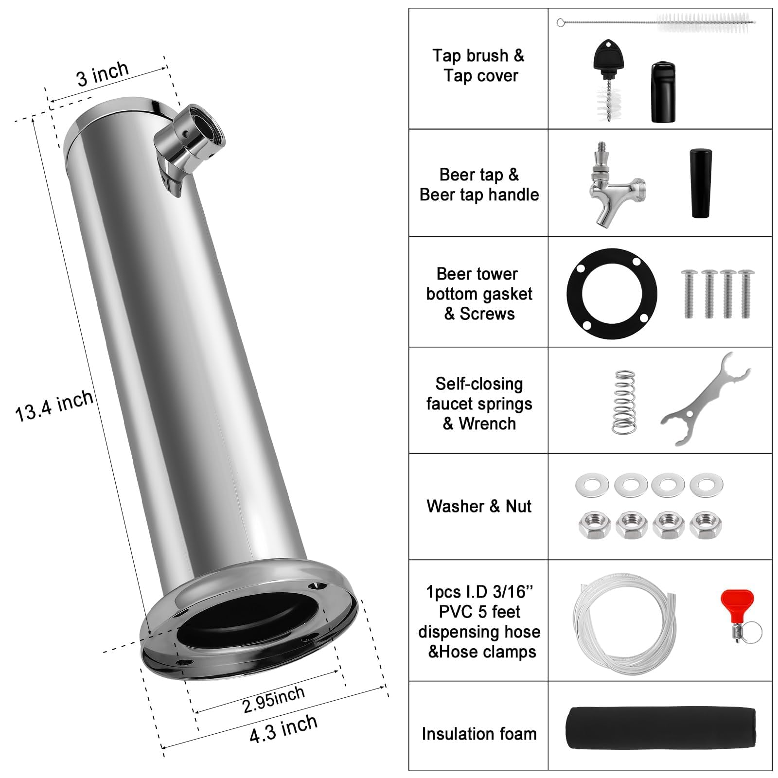 Torre de cerveza de barril de un solo grifo, grifo de cerveza de un solo núcleo de acero inoxidable pulido Kegernator de 3 pulgadas con brida de 3 pulgadas, kit dispensador de cerveza casera