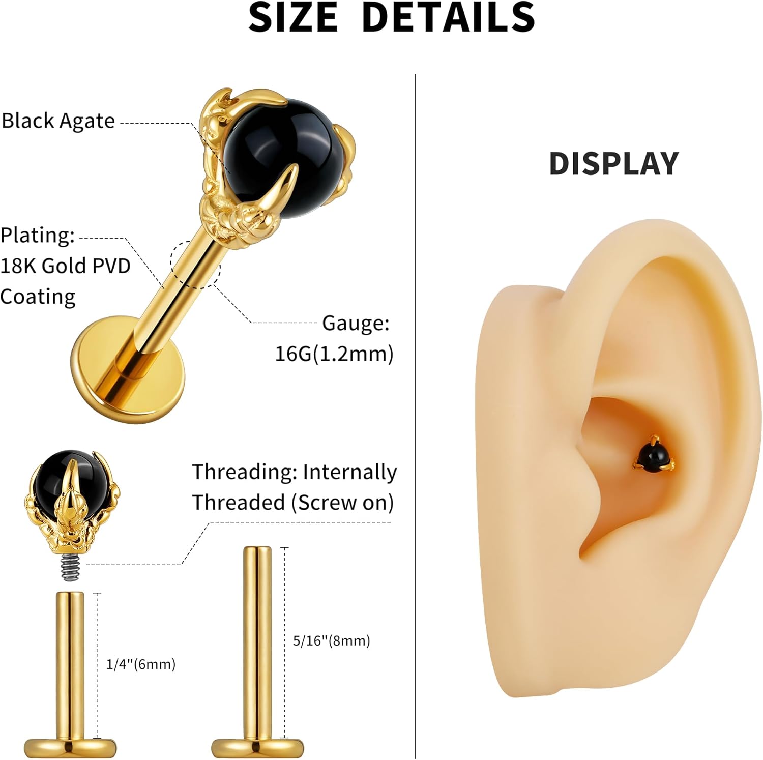 FINE4U 16G ASTM F136 Titanium Dragon Claw Piercing Jewelry Stud with 6mm 8mm post for Conch Helix Tragus Flat, Hypoallergenic Internally Threaded - Image 2