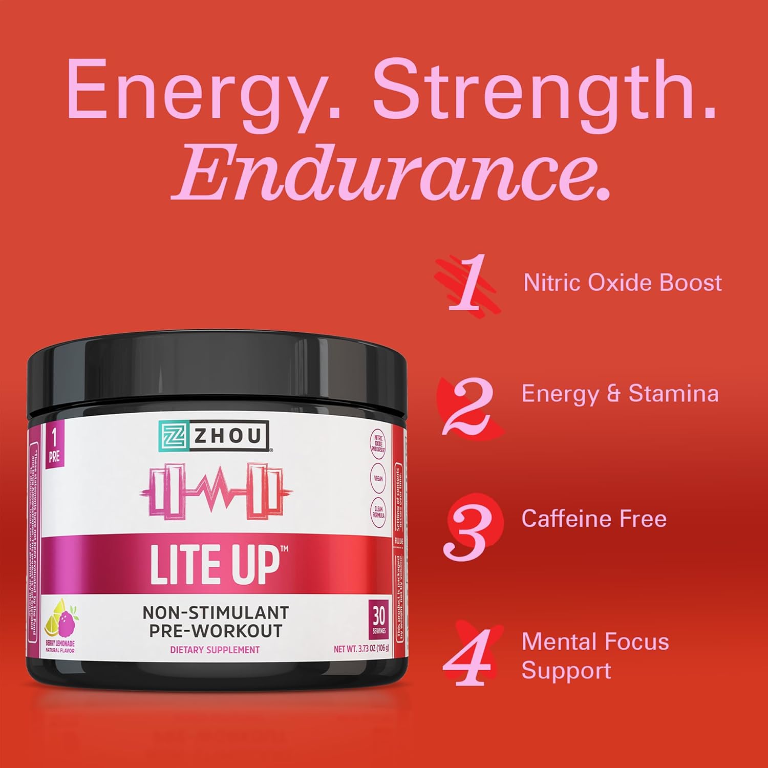 ZHOU Lite Up - Non Stim Powder, Nitric Oxide Precursor, Stim Free Supplement for Men & Women, Caffeine Free Boost, Clean Formula - Berry Lemonade Flavor, 7.5 oz Jar (30 Scoops)