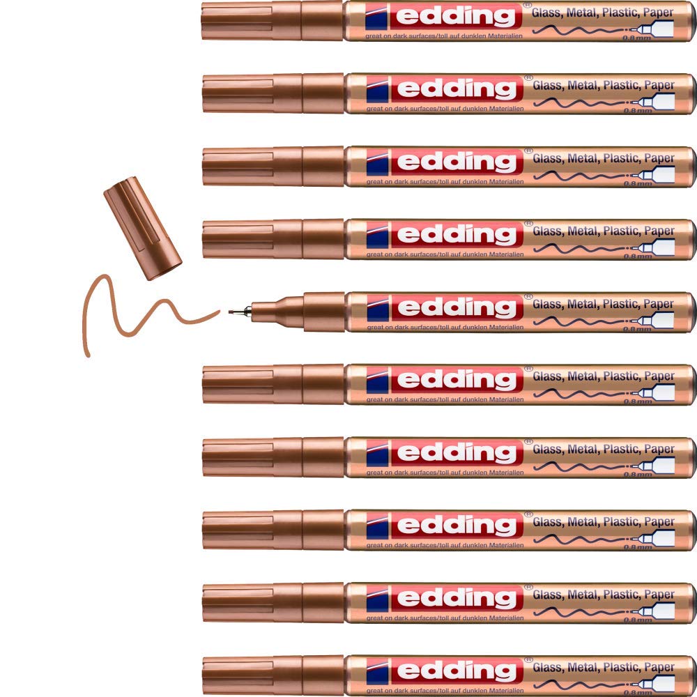 edding 780 Glanzlackmarker - kupfer - 10 Lackmarker - extra-feine Rundspitze 0,8 mm - Lackstift für Glas, Stein, Holz, Kunststoff und Papier - wasserfest, stark deckend, sehr dünn