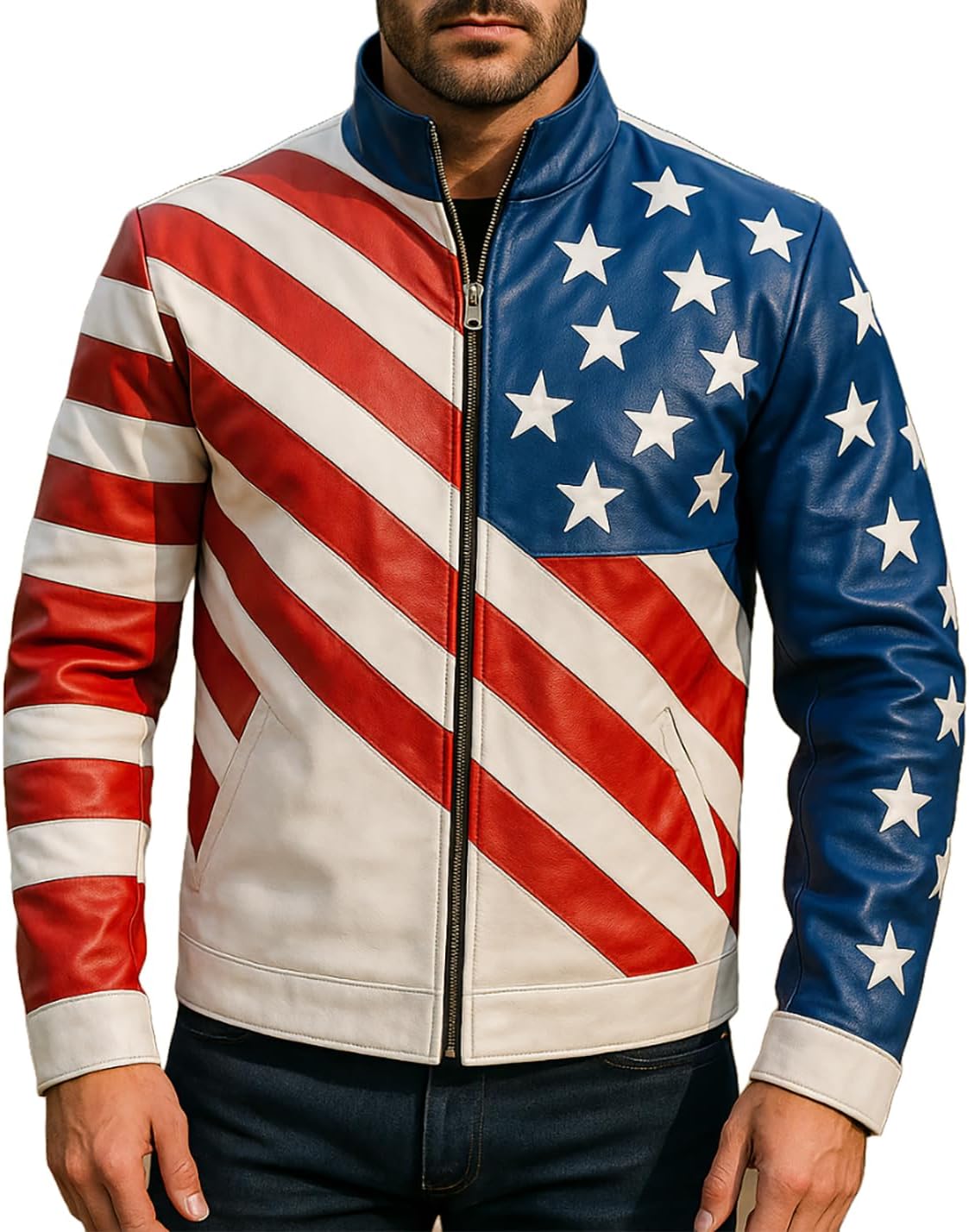 Mens American Flag Jacket Vintage Retro Style Motorcycle Genuine Leather Brando Biker Jacket