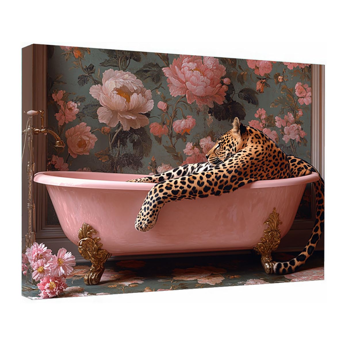 TZKRWRH Cheetah Wall Art Print, Panther Picture Leopard In Pink Bathtub Mid Century Retro Design, Minimalist Painting Poster Wild Animal Art Bedroom Canvas(Pink 52)-70x100cm Framed