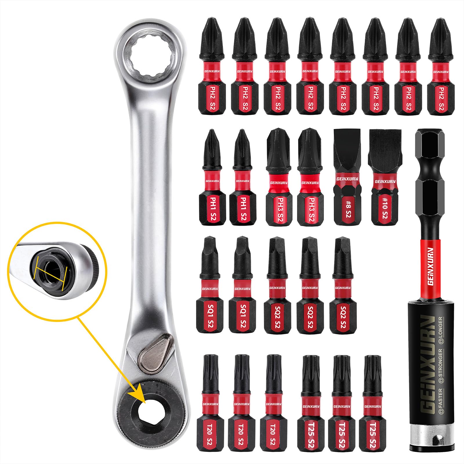 GEINXURN Screwdriver Bit Set with PH1/PH2/PH3/SQ1/SQ2/T20/T25/SL8/SL10 and 1Pcs Impact Bit Holder and Mini Wrench, 27Pieces Impact Rate Insert Driver