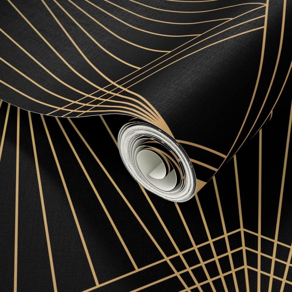 Spoonflower Peel & Stick Wallpaper Swatch - Art Deco Black Gold Geometric Lines Vintage Roaring 20s Custom Removable Wallpaper