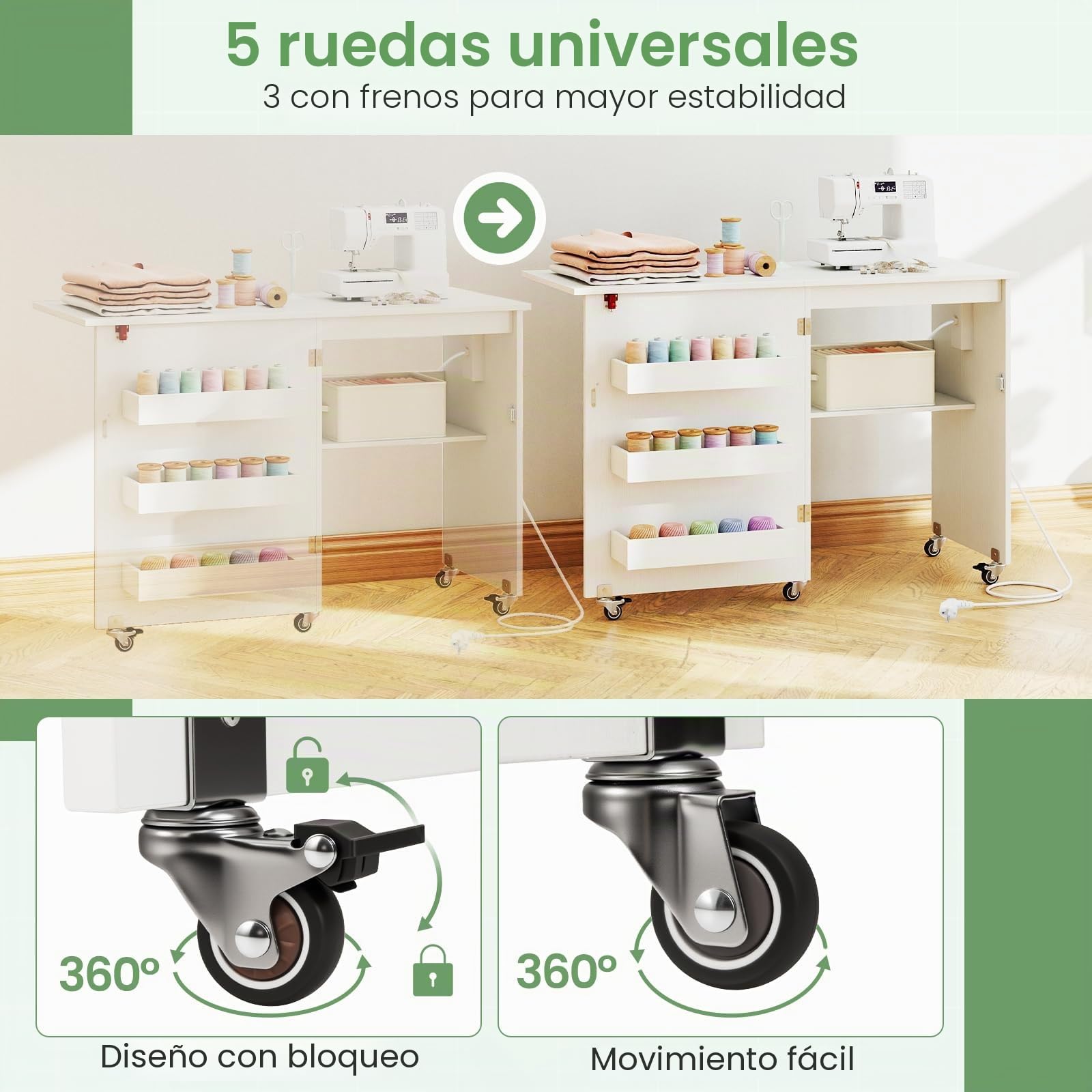GIANTEX Armario de Costura Plegable con 5 Ruedas, Mesa de Coser con Estación de Carga, 3 Compartimentos y 1 Estante Abierto, para Dormitorio, Salón y Estudio (Blanco, 116x41x78cm)