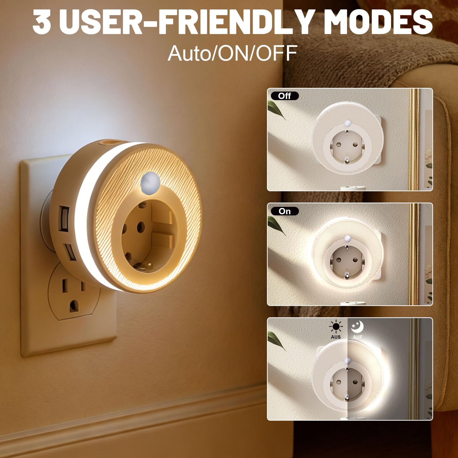 Enchufe de noche, luz nocturna LED con detector de movimiento en interiores, 3 modos de luz N-ocho regulable, cálida luz de 2700 K, luz nocturna para niños automático/apagado/encendido, para pasillo