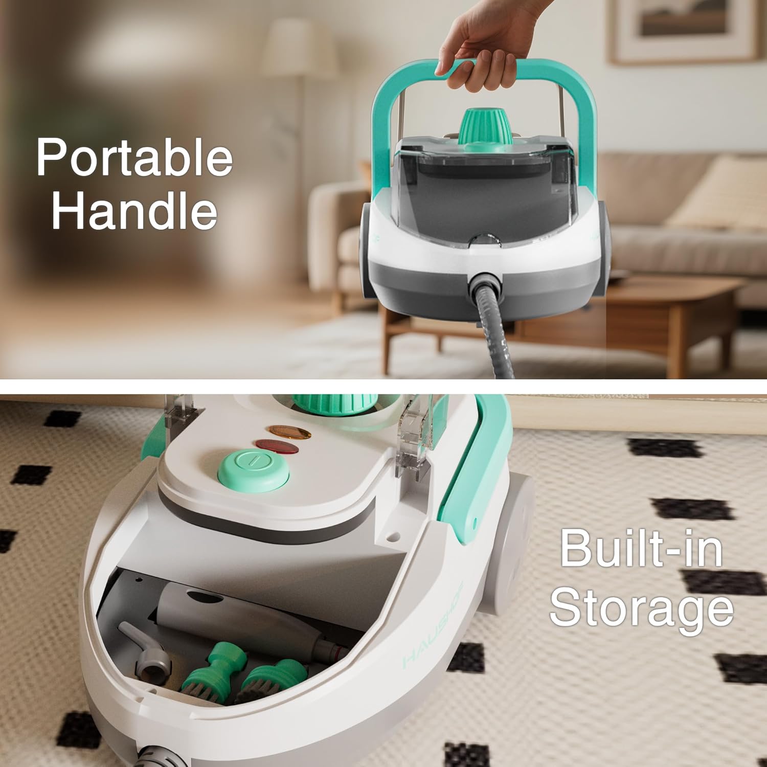 Top image shows a hand carrying the HAUSHOF steam cleaner by its portable handle. Bottom image shows the built-in storage compartment of the steam cleaner with accessories inside.