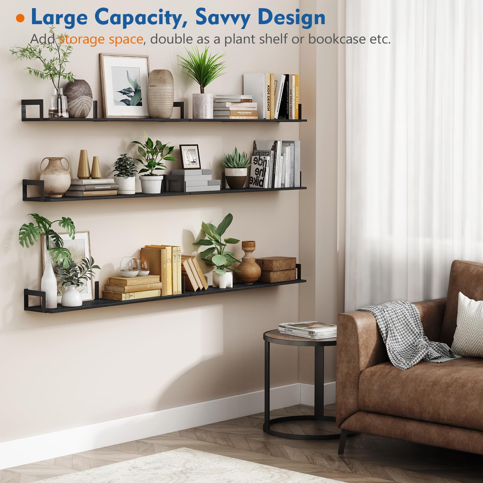 Harwaya Juego de 3 estantes flotantes grandes para libros de pared, estante de montaje en pared de 36 pulgadas de largo para dormitorio, estantería colgante de madera resistente para libros