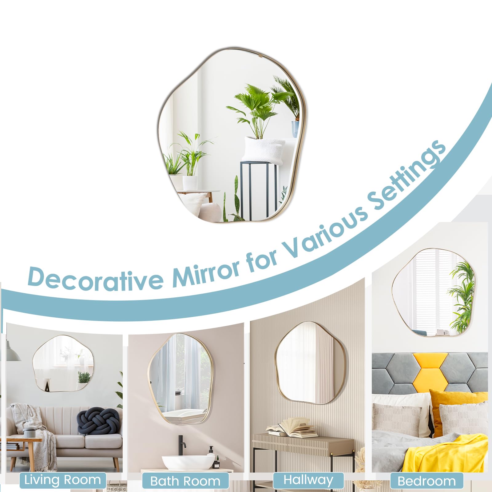 LIFEZEAL Espejo Decorativo, Irregular con Marco de Metal, Asimétrico de Tocador para Colgar en Baño o Dormitorio (75 x 70cm)