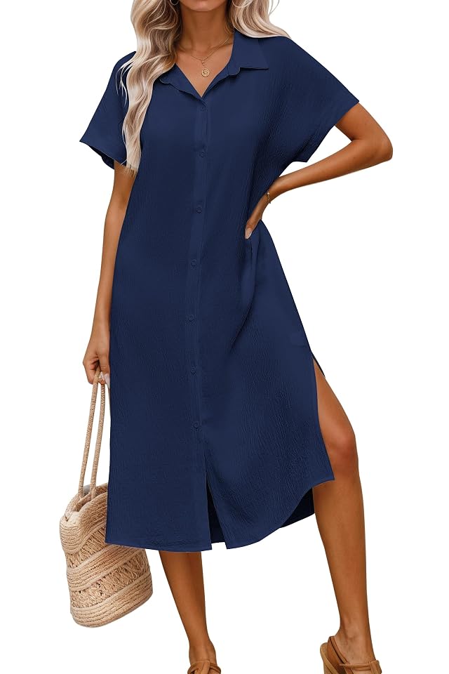 Halife Womens Swimsuit Coverup Shirt Dress Button Down Bathing Suit Cover Up Short Sleeve Beach Vacation Swimwear Cover