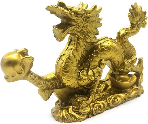 Miniatura 2 de FUNSXBUG Figuras de estatua de dragón de oro chino Feng Shui, escultura coleccionable para suerte y éxito, 9 pulgadas