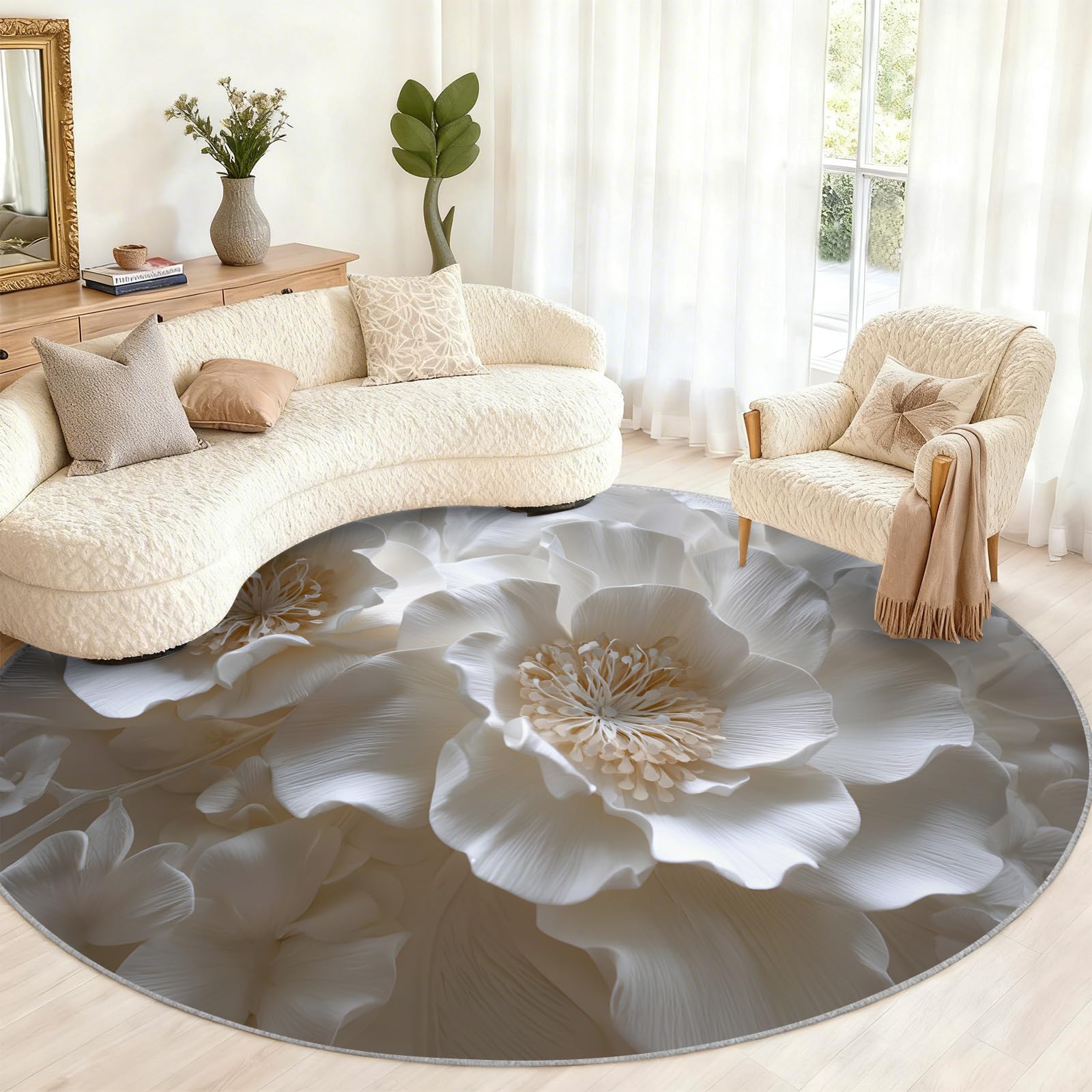 Tapis rond de pivoines blanches 3D de 2 m en relief
