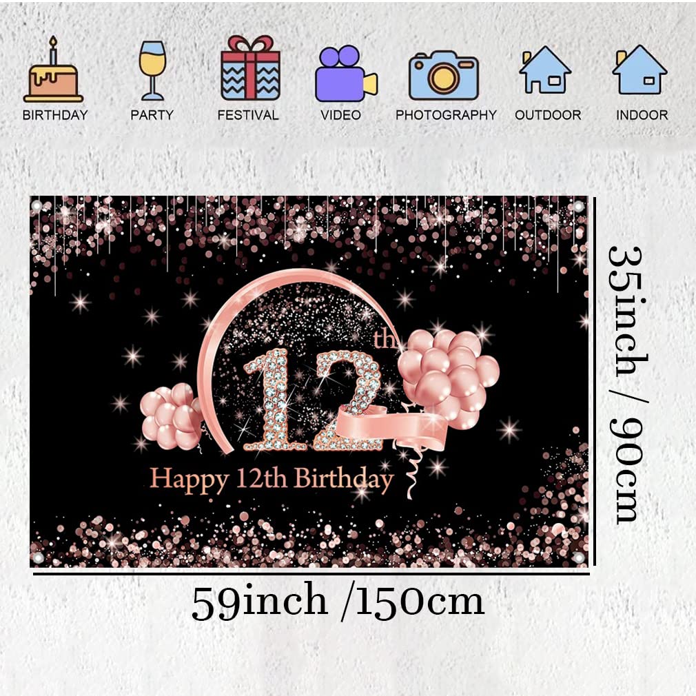 12th Birthday Backdrop Banner - 59x35.4 Inch Blue Fabric Party Sign