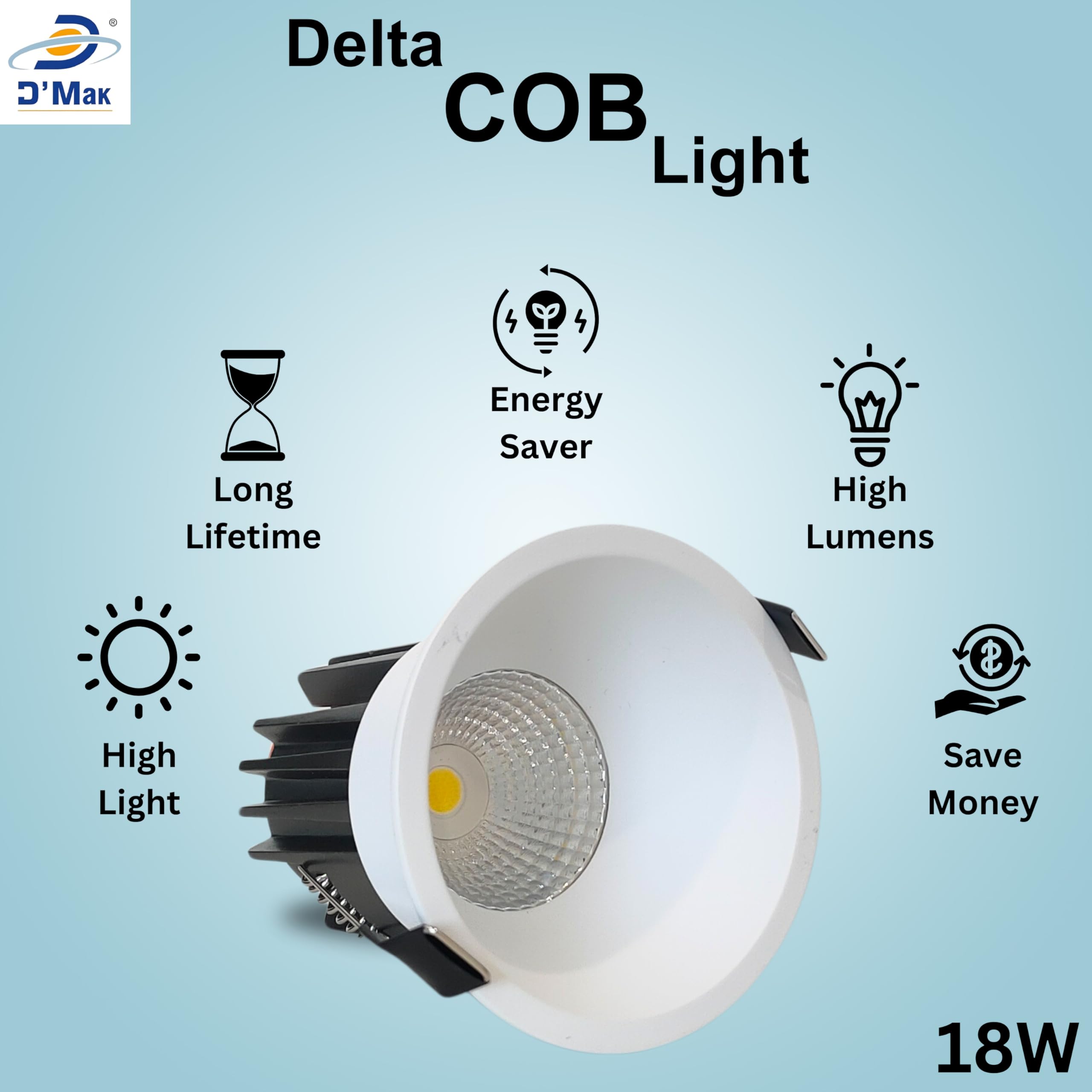 D'Mak 18W White Body LED Deep COB Light | Recessed LED Ceiling Light for Indoor Lighting (3in1, Pack of 8)