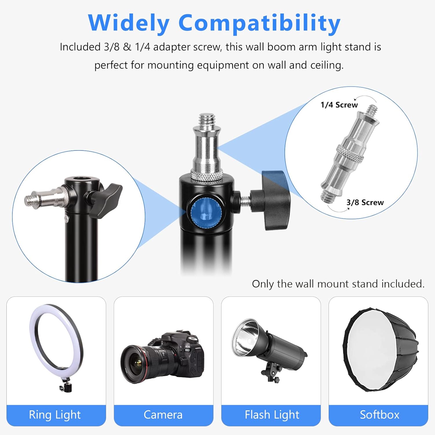 Ring Light Wall Mount with Triangle Base, 51inch/130cm Length Adjustable Support 180° Flexible Rotation, Wall Mount Boom Arm Up to 4.3ft for Photography Strobe Flash, Softbox, Reflector