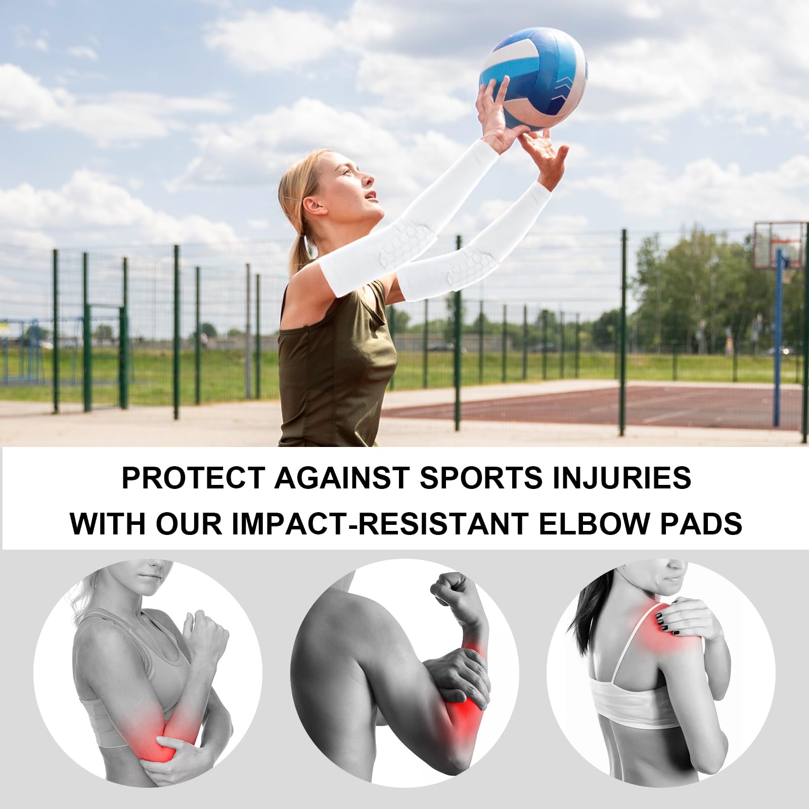 Lot de 2 coudières de volleyball avec coussinets rembourrés et résistants aux chocs - Manchons de bras de compression pour homme et femme - Pour football, football, basket-ball, blanc, M
