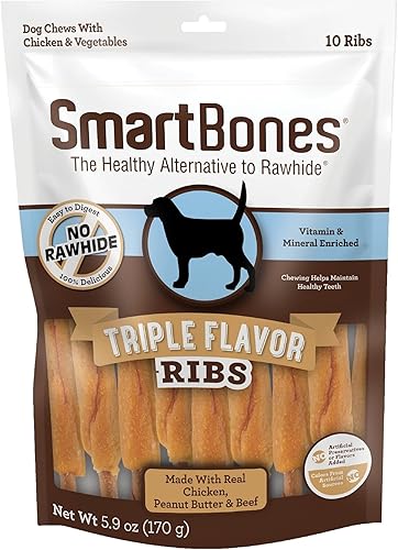 SmartBones Sin colorantes artificiales ni conservantes masticables de costilla y alas, dale a tu perro un divertido masticable de triple sabor, 10