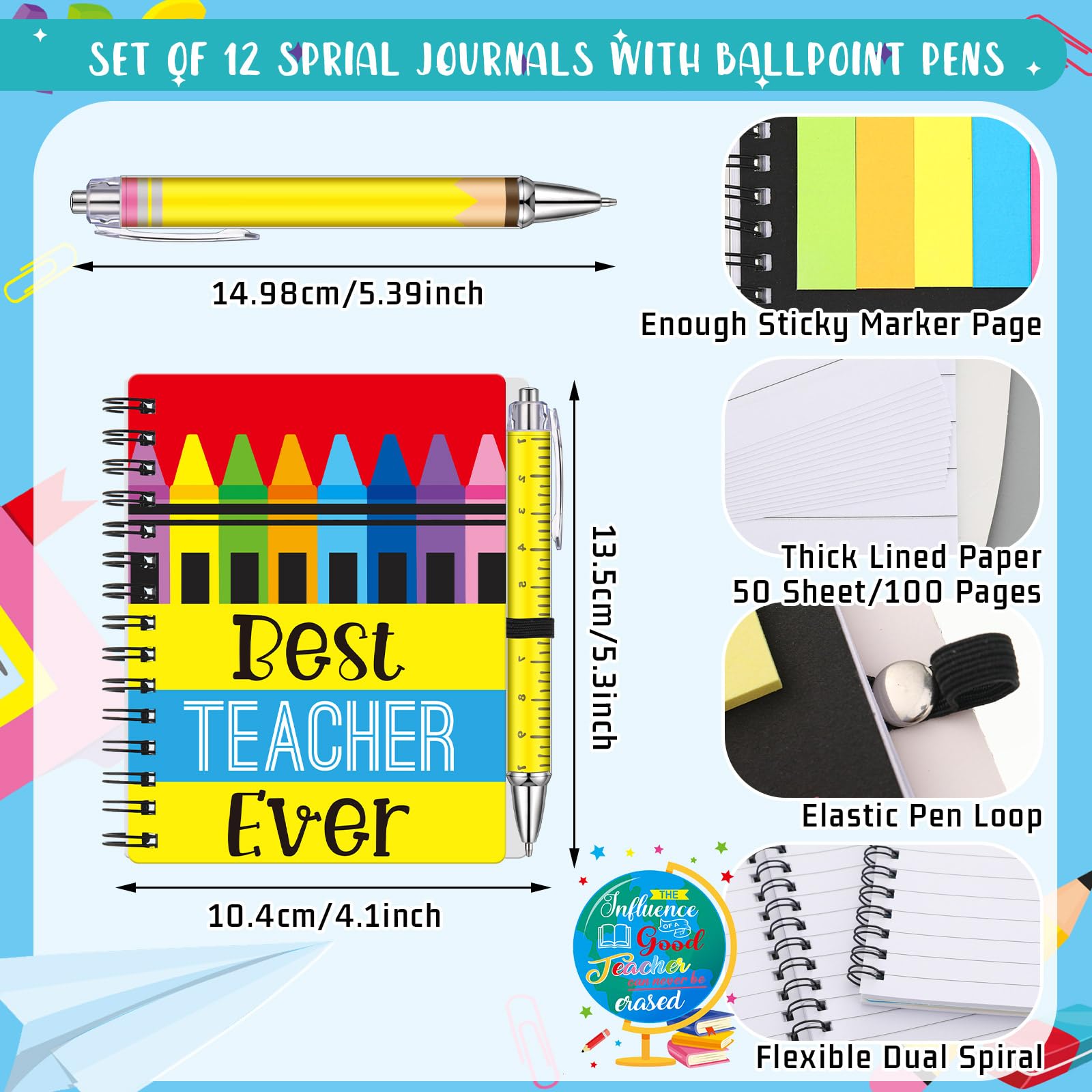 Gersoniel Set da 24 pezzi/12 regali di apprezzamento per insegnanti, regalo di ringraziamento per insegnanti, quaderno a spirale con note adesive e penna a sfera, ottimo regalo per insegnanti, scuola