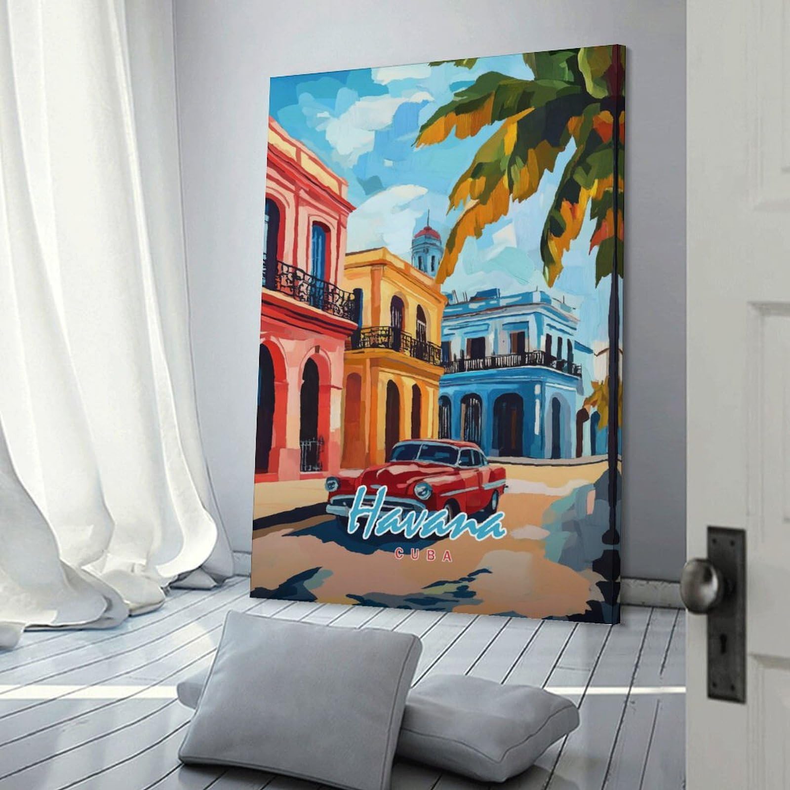 Junmoney Frame-Style-12 Wall Decor Canvas Print Havana Street Scene, 24X36inch(60X90cm), For Study, Office Or Apartment Decor, Canvas Artwork With Gifting Potential