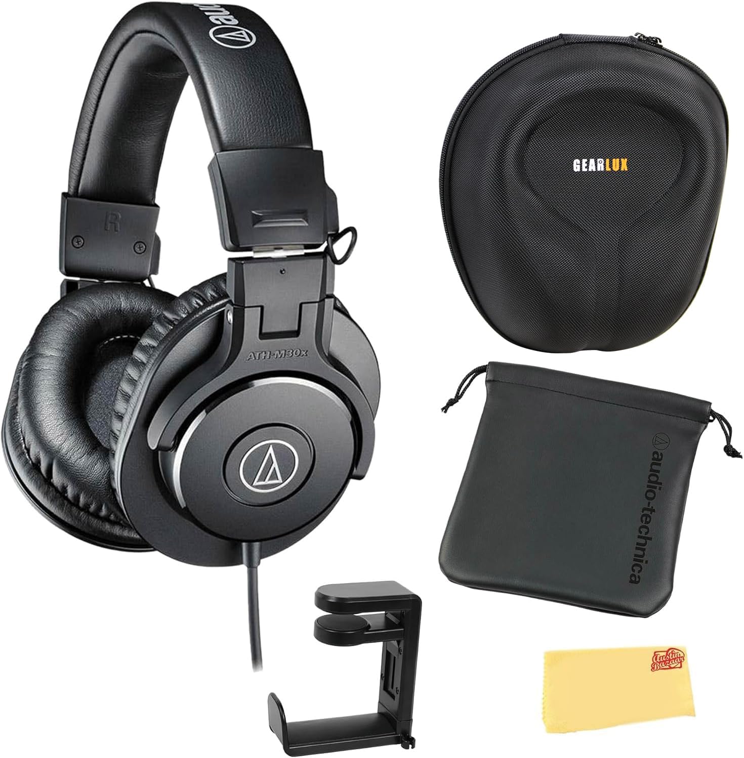 ATH-M30x Professional Monitor Headphones - Black Bundle with Case, Stand, Pouch, and Austin Bazaar Polishing Cloth