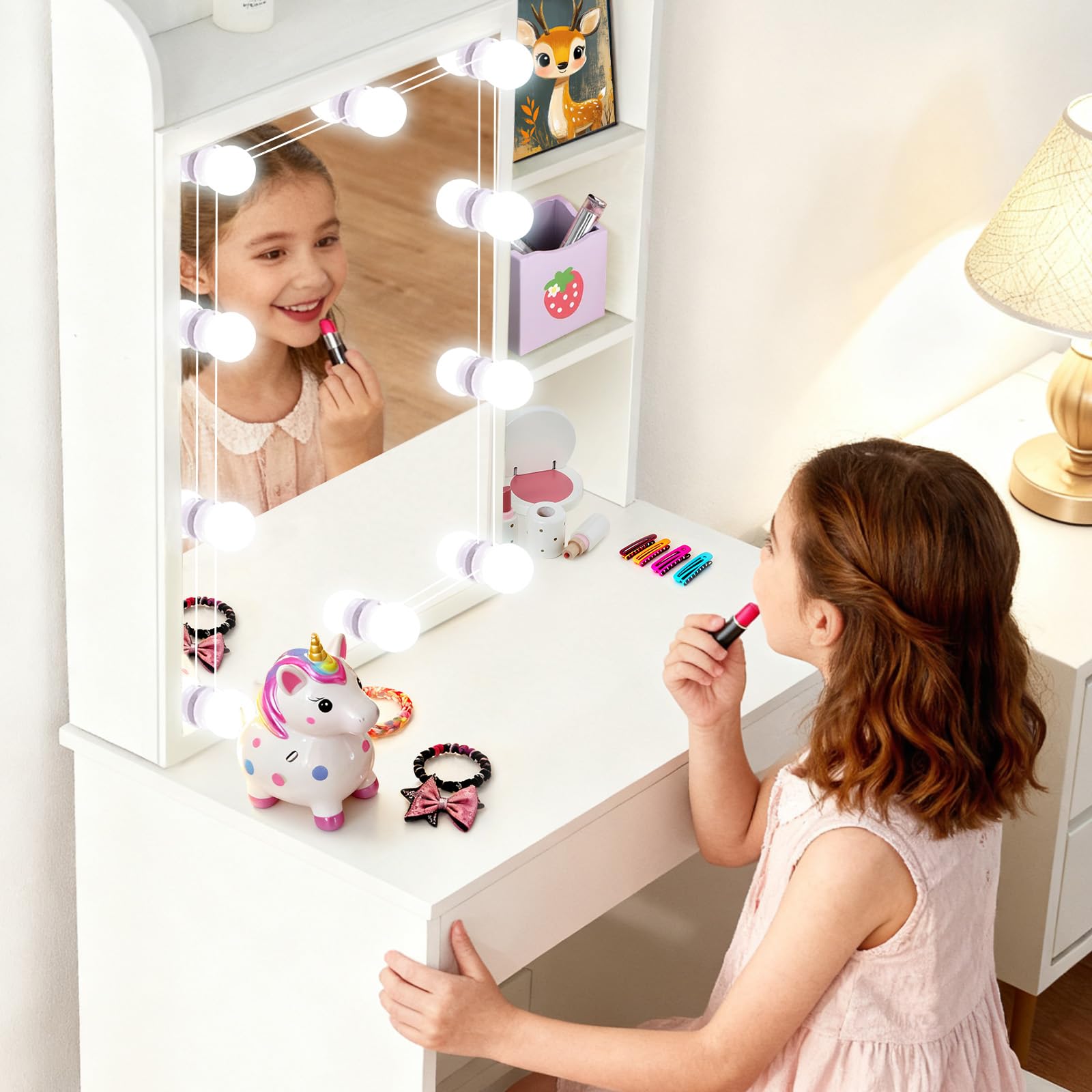 LEMROE Hollywood - Tavolo da toeletta con specchio a LED e sgabello, tavolo da trucco, scrivania da toeletta bianca con 7 ripiani e 1 grande cassetto per camera da letto