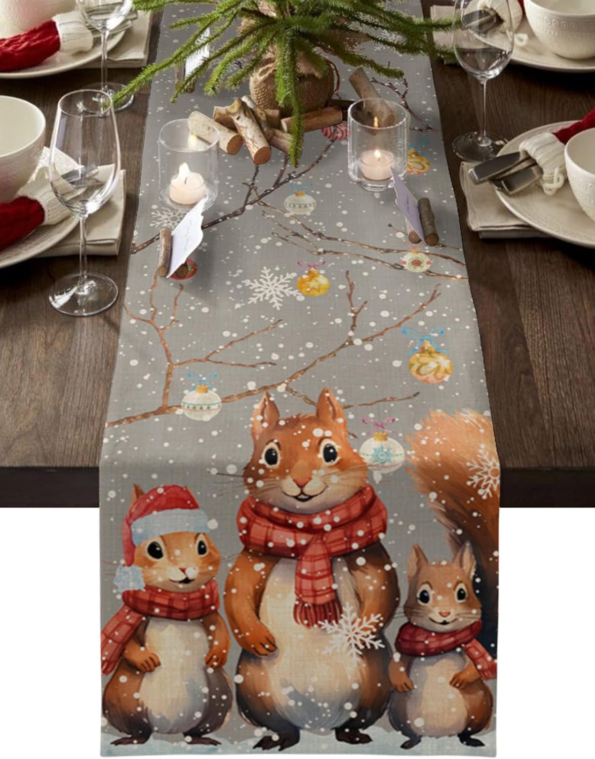Xmas Table Runner 108 Inches Long, Cotton Linen Kitchen Dinner Table Runners, Burlap Tablerunner for Dresser/Dining/Party/Wedding, Forest Squirrel Christmas Snowflake Grey