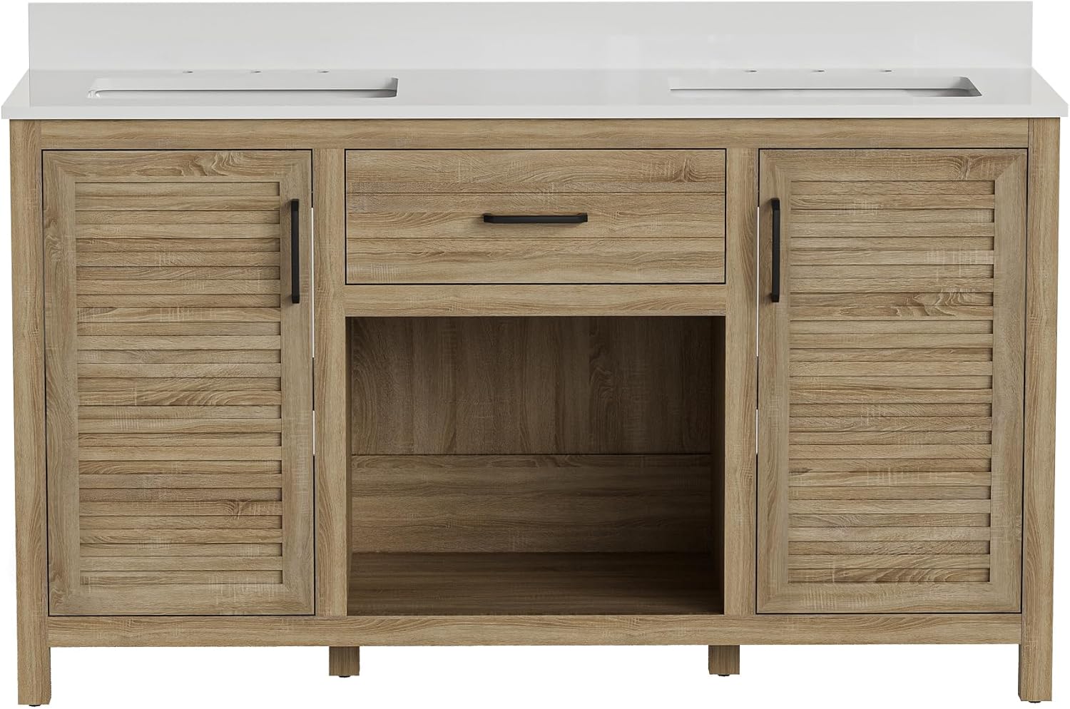 60" Brown Bathroom Vanity with Double Ceramic Sinks | Pre-Assembled Bathroom Vanity Cabinet with Quartz Countertop & cUPC Ceramic Basins, Modern Freestanding Bath Cabinet with Soft-Close Doors