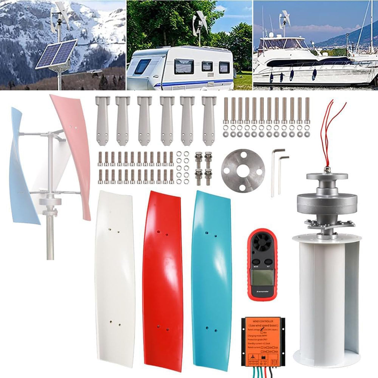 5000 W off-grid pionowy generator wiatru, 3 łopatki z kontrolerem ładowania MPPT, zasilanie 12 V/24 V/48 V/220 V opcjonalny, hybrydowy system solarno-wiatrowy do kampera