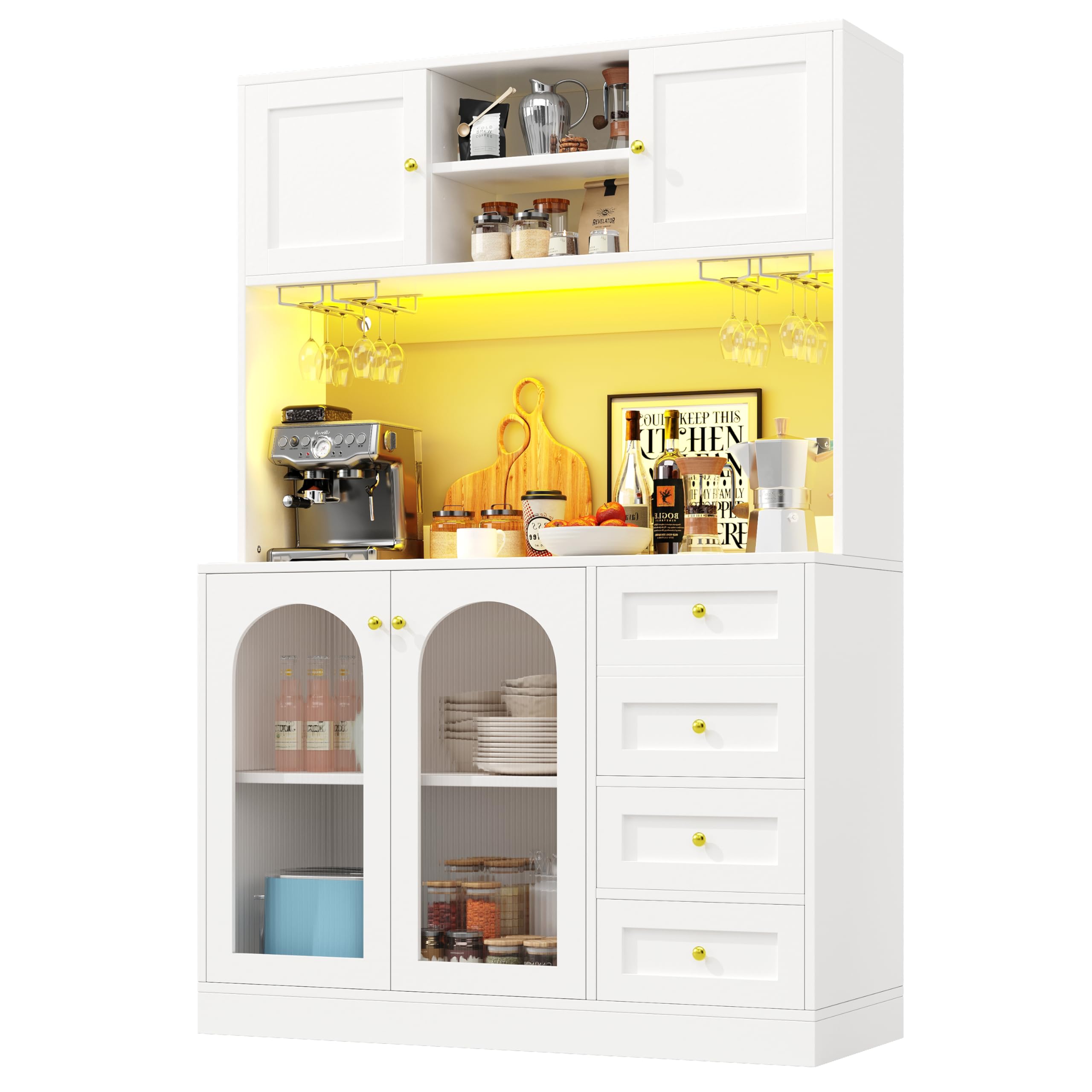 DRIXNO Küchenschrank, Aufbewahrungsschrank, Buffetschrank mit LED-Beleuchtung, Esszimmerschrank mit Getränkehaltern, 4 Türen, Sideboard für Küche Wohnzimmer Esszimmer, 120x40x188 cm, Weiß