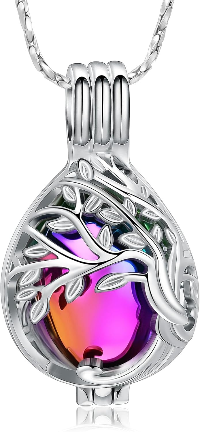 Imrsanl Teardrop Tree of Life Urn Necklace for Ashes for Women Men Cremation Jewelry Memorial Locket Pendant Necklace Hollow Keepsake Urn for Human Ashes