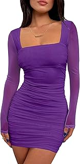 Women's Sexy Ruched Bodycon Mini Dress Mesh Long Sleeve Club Party Short Dresses - Buy now