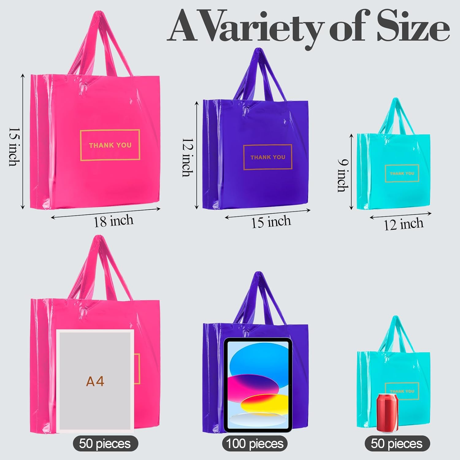 Teling 200 Pcs Thank You Plastic Bags Bulk Thank You Merchandise Bags for Wedding Business, 9 x 12'', 12 x 15'', 15 x 18'' (Pink, Purple, Blue)