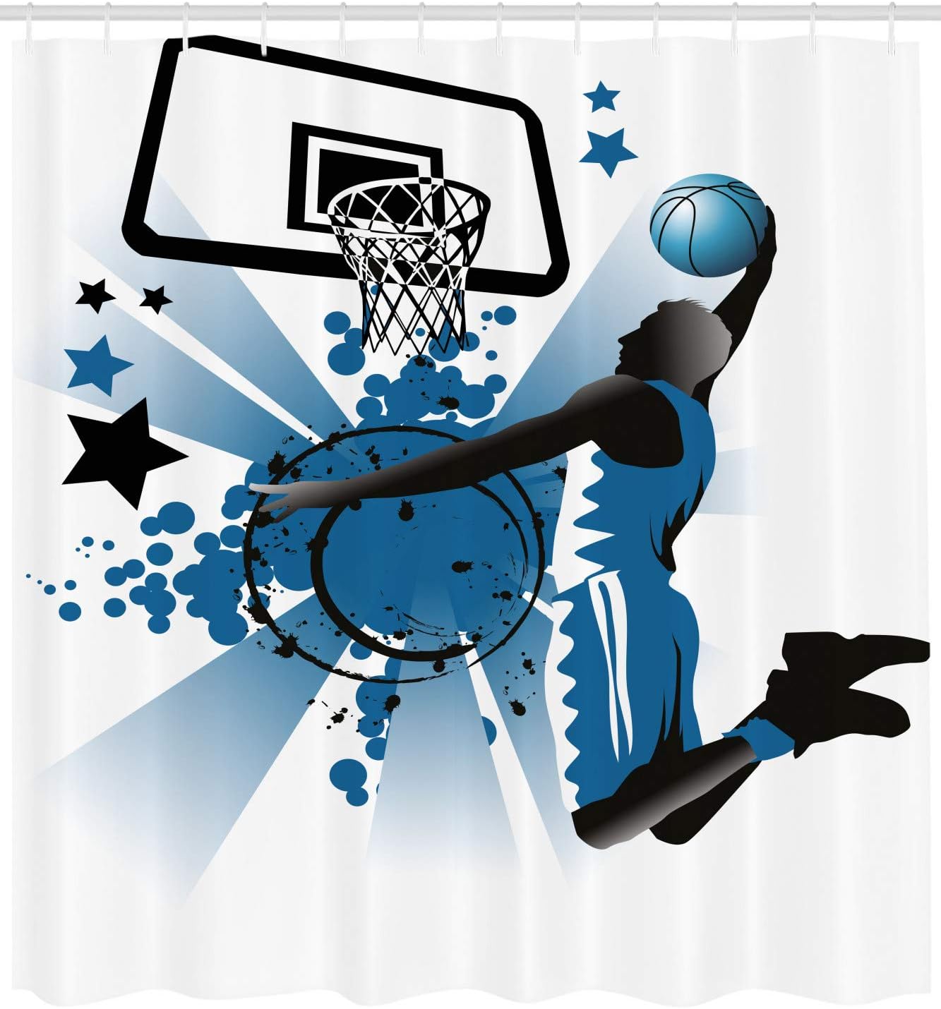 Ambesonne Teen Room Shower Curtain, Silhouette of Basketball Player Jumping Success Stars Illustration, Cloth Fabric Bathroom Decor Set with Hooks, 69" W x 70" L, Black and Violet Blue