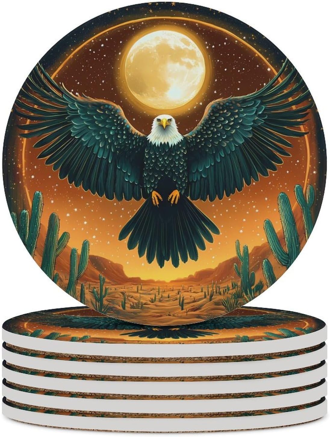 Ea-gles Sun and Desert Round Ceramic Coasters Print Drinks Absorbent with Cork Base for Home Decor Gifts 4 Inch