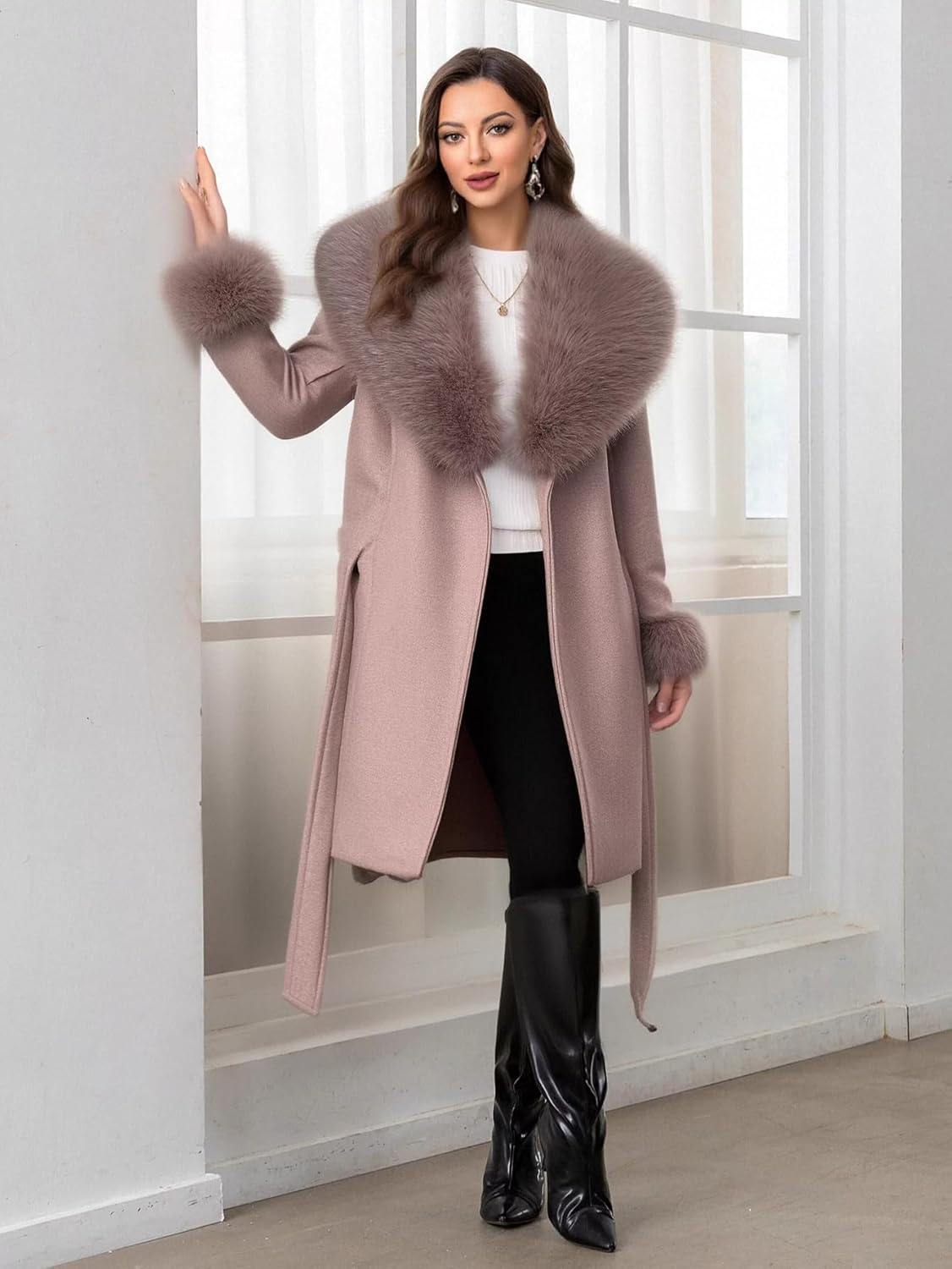 Womens Fur Trench Coat Elegant Jacket Warm Long Fall Winter Overcoat With Fur Collar & Belt