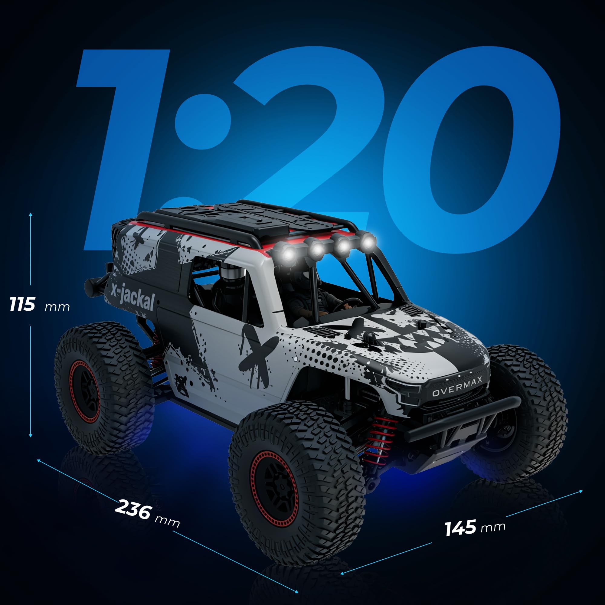Overmax X-Jackal Ferngesteuertes RC-Auto 4WD, 30 km/h, Maßstab 1:20, 14+ | 370er Bürstenmotor, Proportionale Steuerung, 80 m Reichweite, Einzelradfederung, LEDs in 5 Farben, Li-Ion-Akku, ab 14 Jahren