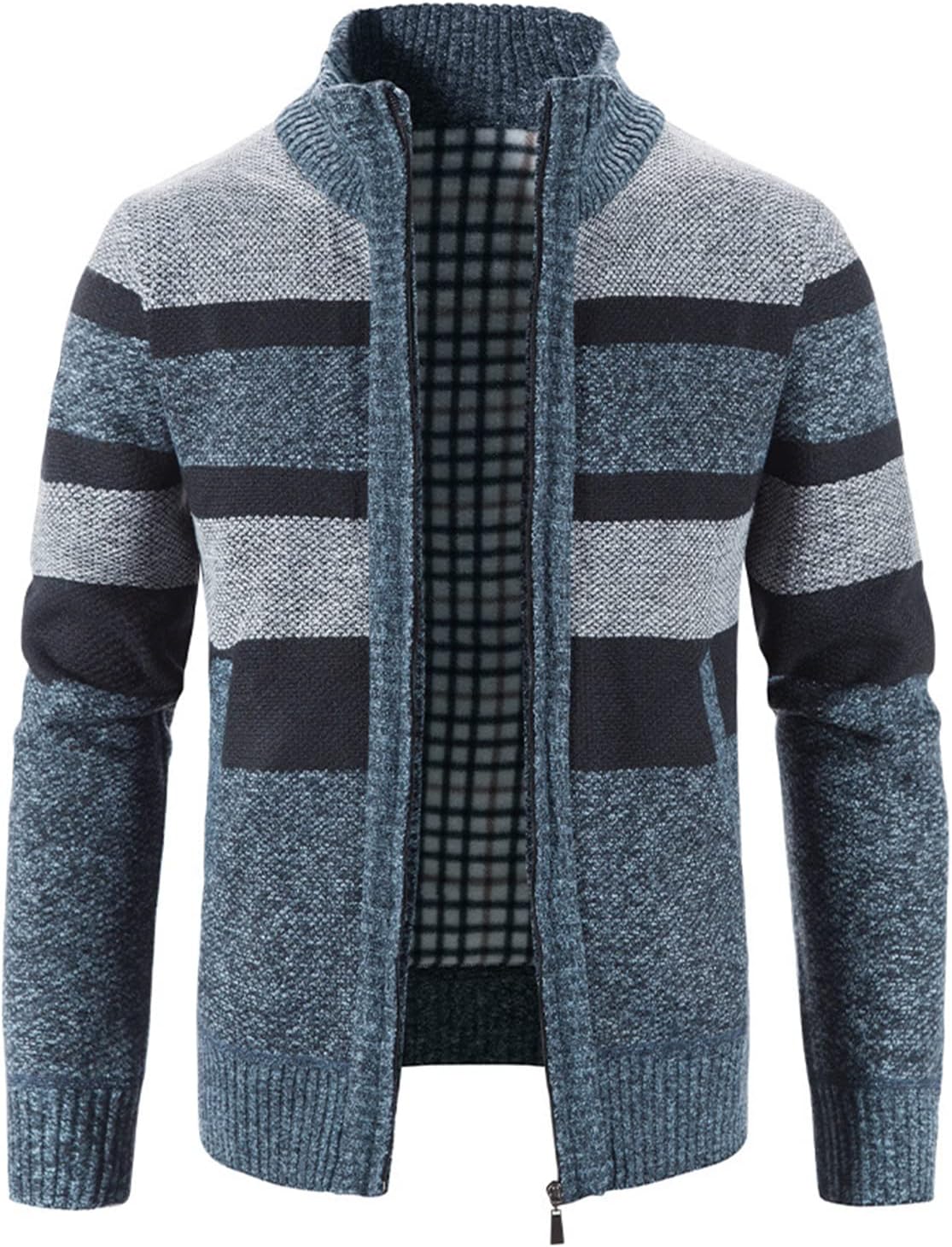 Lu's Chic Men's Slim Fit Cardigan Sweaters Warm Fleece Lined Knitted Full Zip Business Casual Long Sleeve Sweater Pocket