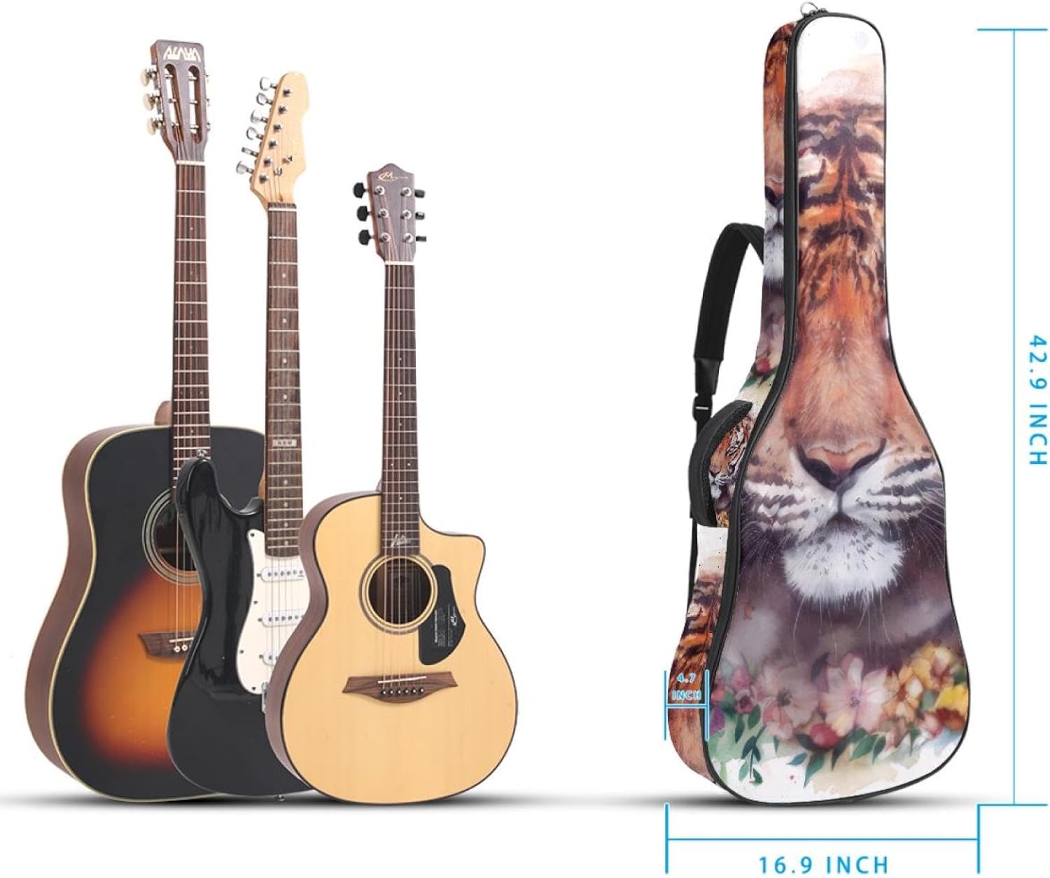 Acoustic Guitar Bag 0.4 Inch Thick Padding Waterproof Guitar Case Gig Bag for 40 41 42 Inch Electric Bass Classical Guitar, Animal Tiger with a Wreath of Flowers