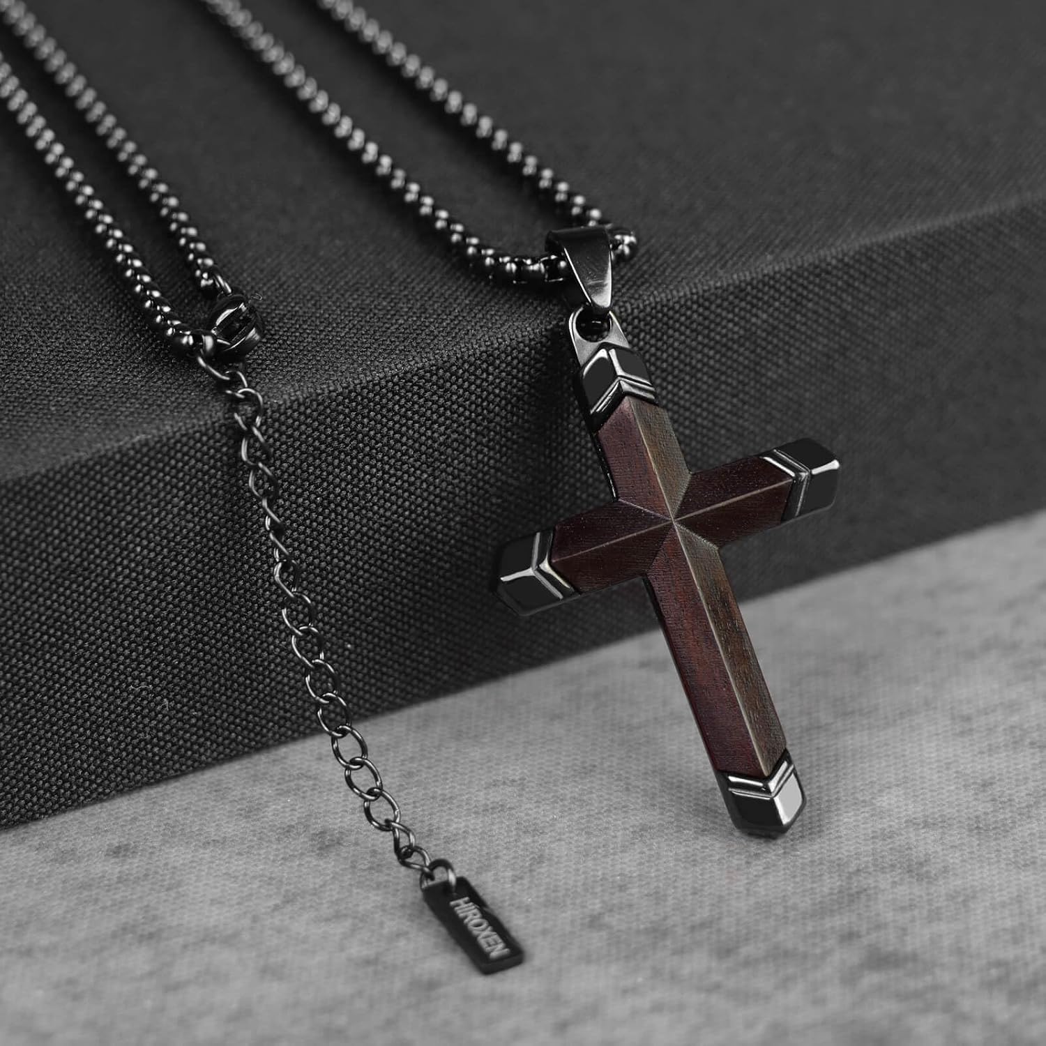Wooden Cross Necklace for Men - Ebony Inset in Stainless Steel Crucifix Pendant, Mens Black Cross Necklaces Including 24-26" Adjustable Box Chain. Jewelry Gifts for Husbands, Fathers, Sons,and Friends