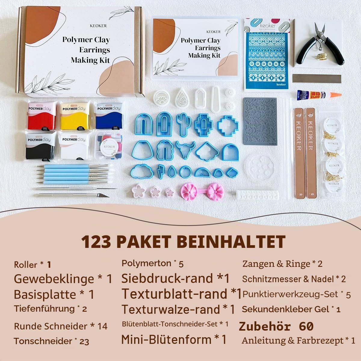 Keoker 123-teiliges Set zur Herstellung von Ohrringen aus Modelliermasse, Schmuckherstellungs-Set für Jugendliche und Erwachsene, Mode-Designer-Kits für Mädchen