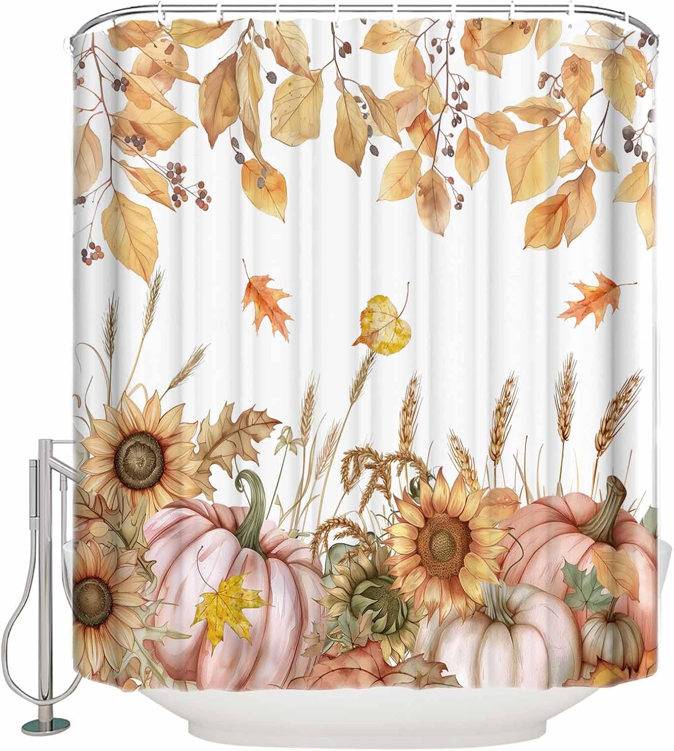 Fall Shower Curtain, Pumpkin Sunflowers Thanksgiving Bathroom Shower Curtains, Seasonal Pumpkin Leaves Wheat Shower Curtain with Hooks Polyester Waterproof Home Bathtub Decor, 48" x 72"