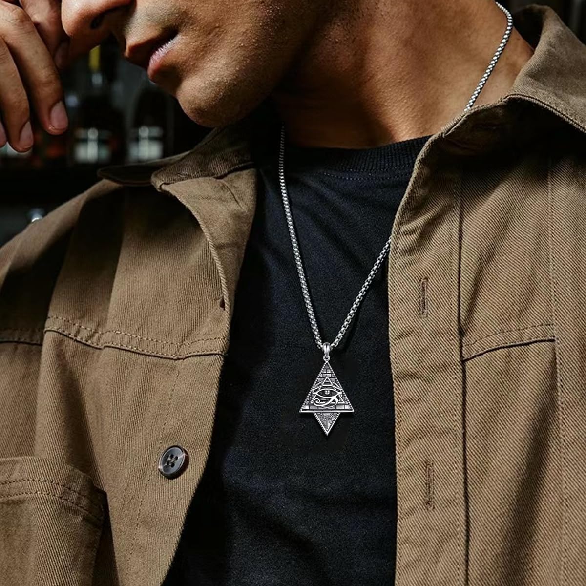 Eye of Horus Necklace Triangular Pyramid Eye of Horus Pendant Necklace S925 Ancient Egyptian Protection Jewelry Gifts for Men Stainless Steel Chain - Image 2