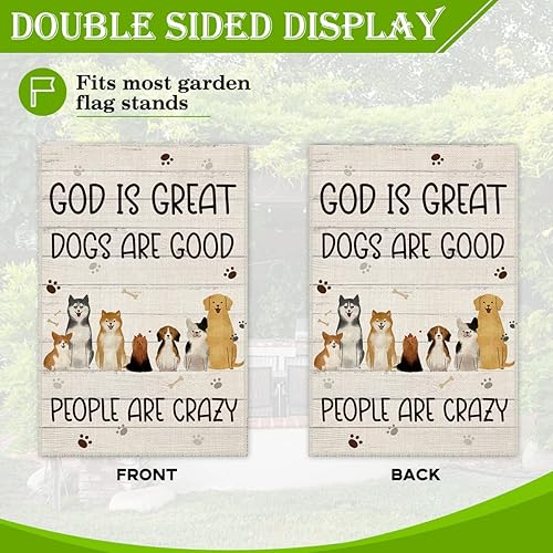 Miniatura 3 de Hafhue Bandera de jardín con texto en inglés "God is Great Dogs Are Good Welcom", decoración de porche exterior para patio de vacaciones, patio,