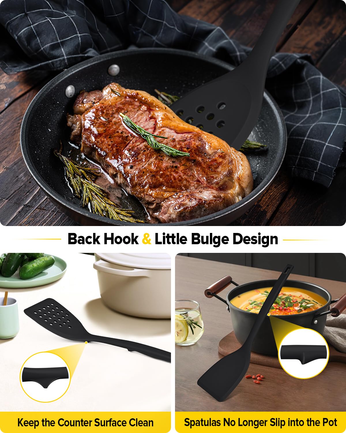 Packung von 2 Silikon Spatel Turner, Non-Stick Küche Spatel Set mit Rücken Haken, hitzebeständig BPA freie Küchenutensilien, geeignet für Flipping Fisch, Eier, Steak, Pfannkuchen (Schwarz)