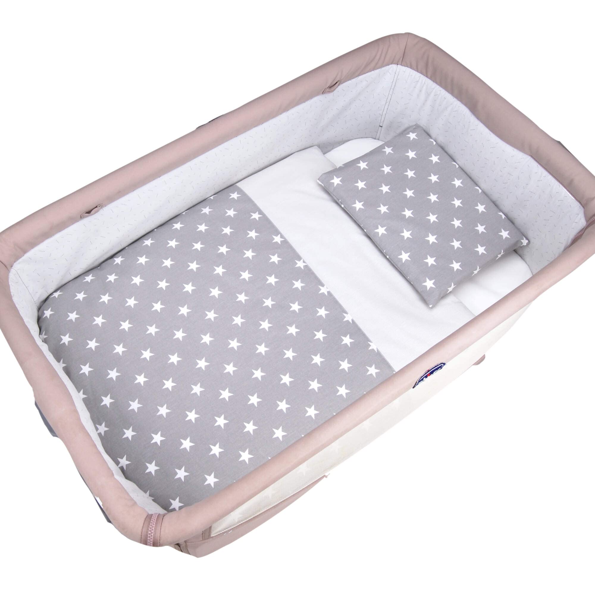 baby idea Next to Me Kompatible Bettlaken 5-teilig: Neugeborenen-Kissen, Kissenbezug, Bettdecke, Bettbezug, Spannbettlaken für Babybett Chicco Kinderkraft Cam Brevi Oeko-TEX (Stella G) Grau Standard