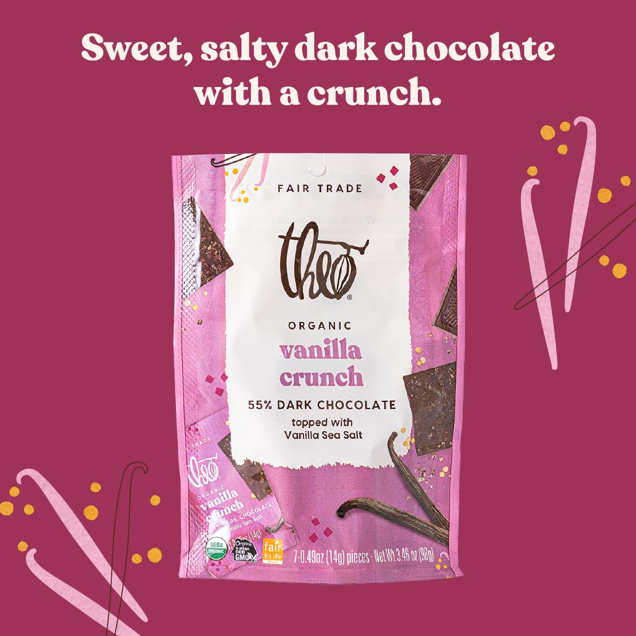 Theo Organic 55% Dark Chocolate Squares, Vanilla Crunch w/Vanilla Sea Salt, 6 Pouches (7 Individually Wrapped Singles per Pouch), 42 Pieces, Vegan, Fair Trade